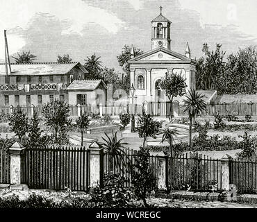 Guinea spagnola. Il territorio controllato dalla Spagna fin dal 1778 nel Golfo di Guinea. Essa ha ottenuto l'indipendenza nel 1968. Il nuovo paese è stato chiamato la Guinea equatoriale. Fernando Poo isola (oggi Bioko Island). Provincia spagnola del Golfo di Guinea. Santa Isabel (attualmente Malabo), capitale dell'isola. Vista la Plaza de España (Piazza di Spagna) e la chiesa di Santa Isabel. Incisione. La Ilustracion Española y Americana, 15 novembre 1876 Foto Stock