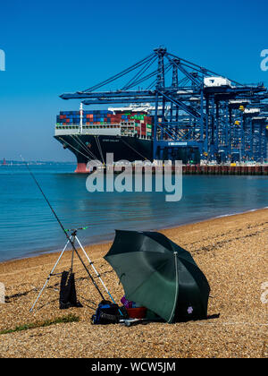 Felixstowe Container Port - la nave da container mai Golden scarica il carico al porto di Felixstowe UK guardato da un pescatore spiaggia. Foto Stock