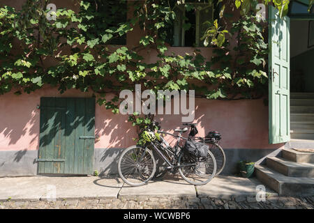 Due biciclette appoggiata contro una parete rosa sotto la pergola, nel cortile di una famiglia in Malancrav, Transilvania, Romania Foto Stock