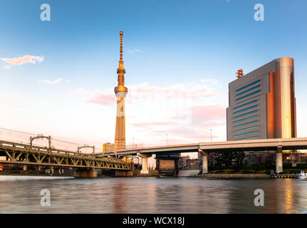 Tokyo Skytree calorosamente torre illuminata da un sole di setting come seeen dalla riva del fiume Sumida. Una linea ferroviaria sposa è visibile in primo piano. Foto Stock