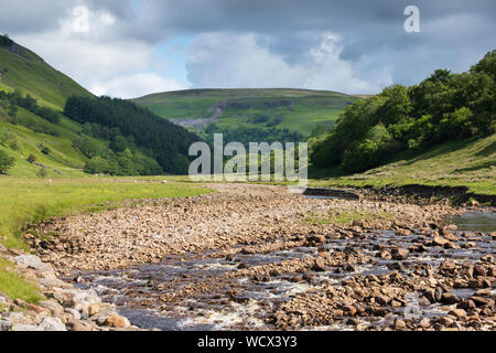 Fiume Swale in Muker in Swaledale cercando il fiume verso Keld. Foto Stock