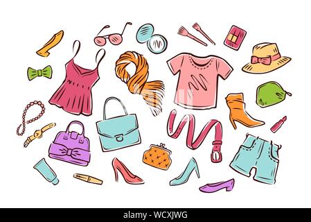 Collezione di abbigliamento donna. Moda, illustrazione vettoriale shopping Illustrazione Vettoriale