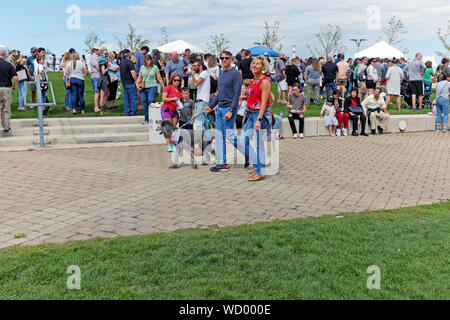 Le folle riempiono il Voinovich Park sul Northcoast Harbour di Cleveland, Ohio, durante il primo Picklefest annuale del 2019. Foto Stock