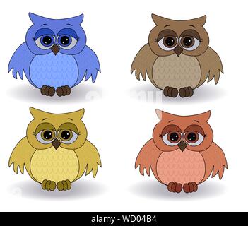 Un set di quattro triste gufi multicolori con sorpreso gli occhi e si diffondono le ali con un disegno sullo sterno e le ali Illustrazione Vettoriale
