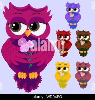 Una serie di coloratissimi civettuolo co-ragazze con lunghe ciglia, ali ripiegate e un bouquet di tre rose Illustrazione Vettoriale