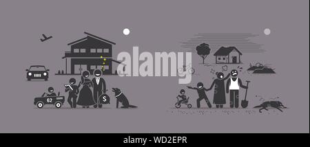 Il confronto e la differenza tra ricchi e poveri famiglia. Illustrazioni vettoriali concetto rappresenta l'opposto le illustrazioni dei ricchi ricchi e poveri livi Illustrazione Vettoriale