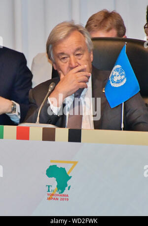 Segretario generale delle Nazioni Unite, Antonio Guterres assiste alla cerimonia di apertura del TICAD 7 (la settima Conferenza Internazionale di Tokio sullo Sviluppo Africano ) al Pacifico Yokohama conference center di Yokohama, Kanagawa-Prefecture, Giappone il 28 agosto 2019. Foto Stock