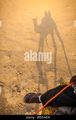 L ombra di un uomo a dorso di un cammello e scattare una foto della sua ombra sul deserto arido terreno. Deserto di Thar, Rajashan, India. Foto Stock