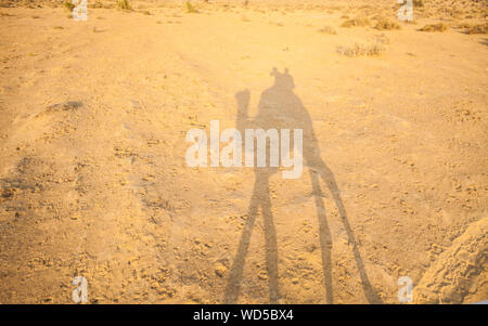 L ombra di un uomo a dorso di un cammello e scattare una foto della sua ombra sul deserto arido terreno. Deserto di Thar, Rajashan, India. Foto Stock