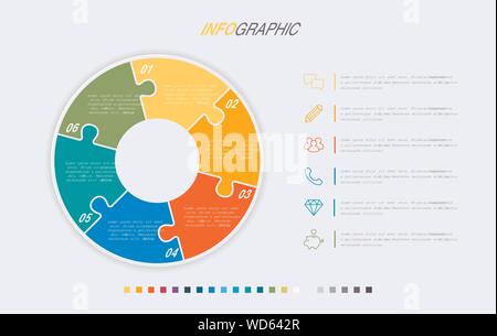 Timeline infografico vettore di design. 6 oprions, cerchio layout di flusso di lavoro. Infografico vettore timeline modello. Illustrazione Vettoriale