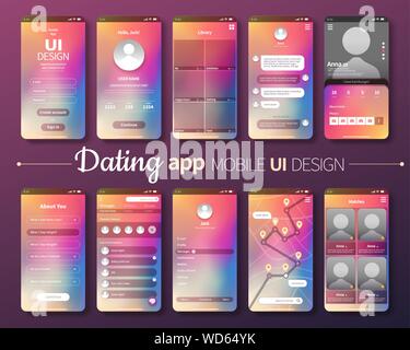 Dating app mobile il design dell'interfaccia utente con laser gradiente dello sfondo Illustrazione Vettoriale