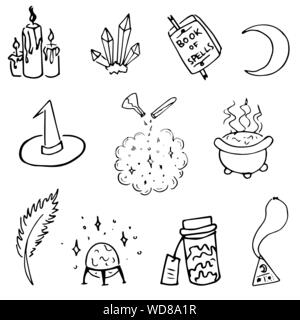 Halloween elementi stregoneria retro vintage doodle set. Vettore di elementi di disegno di dettagli della strega. Carino magic scarabocchi. Illustrazione Vettoriale