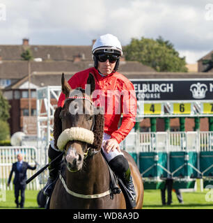 Jockey Tom Eaves su Holmeswood (vincitore) prima dell'inizio del 'Dorothea Hawthorne Memorial' handicap, Musselburgh Racecourse, 28 agosto 2019 Foto Stock