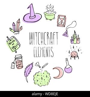 Halloween elementi stregoneria retro vintage doodle set. Vettore di elementi di disegno di dettagli della strega. Carino magic scarabocchi. Illustrazione Vettoriale