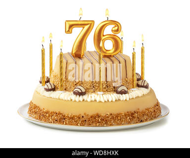 Torta di festa con golden candele - Numero 76 Foto Stock