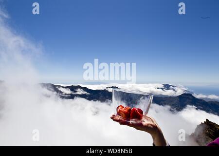 una persona che tiene le fragole in un recipiente sullo sfondo di montagne coperte di nuvole Foto Stock