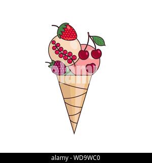 Cono gelato con diverse bacche. Isolato su bianco. Colorata illustrazione vettoriale EPS10 Illustrazione Vettoriale