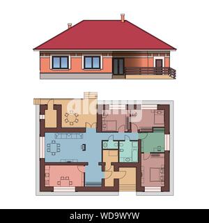 Facciata architettonica e la pianta di una casa. Opinioni dei singoli piani di cottage. Vettore illustrazione realistica. Isolato su sfondo bianco. EPS 10 Illustrazione Vettoriale