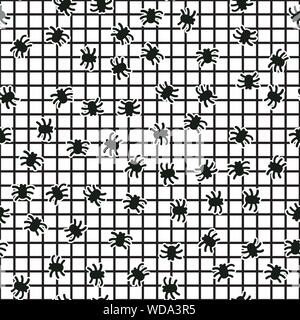 Modello senza giunture Vector Spiders per decorazioni di superficie Halloween. Griglia sfondo bianco e nero Illustrazione Vettoriale