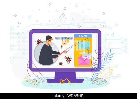 Piccolo uomo con una canna da pesca a ruba una lettera da una cassetta postale Illustrazione Vettoriale