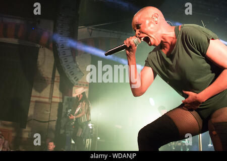 Cambridge, Ucraina. 28 Agosto, 2019. Deborah Anne Dyer, noto con il nome di fase la pelle della Skunk Anansie Rock band suona dal vivo sul palco del Cambridge Corn Exchange nel Regno Unito. Credito: SOPA Immagini limitata/Alamy Live News Foto Stock