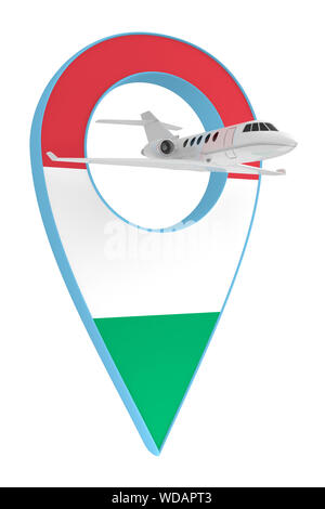 Aereo privato con pin bandiera di navigazione in Ungheria. Il rendering 3D Foto Stock