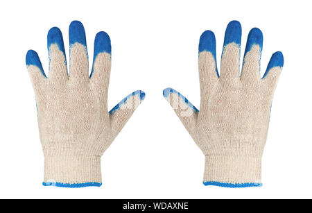 Guanti di cotone con gomma blu su sfondo bianco. Guanti di sicurezza isolati su sfondo bianco. Protezione dei guanti di lavoratore Foto Stock