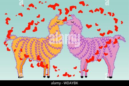 Due Amanti bacio llama circondato da cuori. Amore nell'aria, cartolina per il giorno di San Valentino Illustrazione Vettoriale