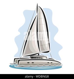 Il logo del vettore di catamarano a vela in mare, vista laterale. Illustrazione Vettoriale