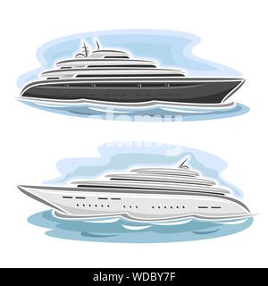 Vettore illustrazione astratta di logo per la crociera grande mega yachts su sfondo blu, vista laterale. Illustrazione Vettoriale