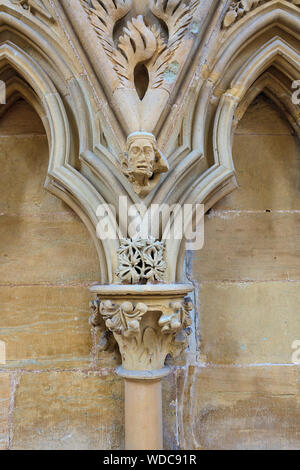 Xiii secolo sculture in pietra intorno le sedi nella Chapter House di Southwell Minster, Nottinghamshire Foto Stock