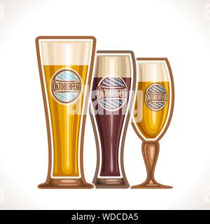 Logo vettoriale coppa di vetro di birra, consistente di tazze, con luce e buio porter, lager e pilsner, pinta di birra in vetro con alcool bere etichetta oktoberfest Illustrazione Vettoriale