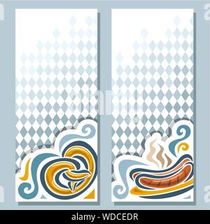 Vettore banner verticale per l'Oktoberfest, sfondo modello bavarese di bianco e blu con rombo: pretzel e piatto salsicce alla griglia. Illustrazione Vettoriale