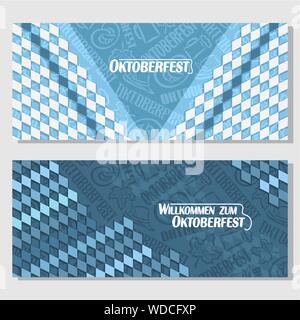 Vettore Banner orizzontale per l'Oktoberfest, modello bavarese. Sullo sfondo del rombo blu diamante - simboli della Oktoberfest: mug birra, pretzel, tyrole Illustrazione Vettoriale