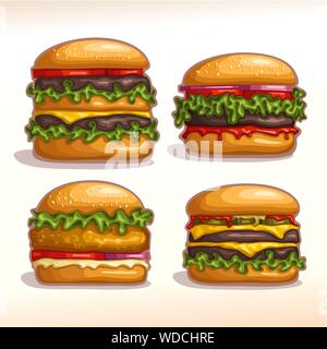 Set di vettore di hamburger isolato: hamburger e cheeseburger, chickenburger fatti in casa. Bun con sesamo, carne di manzo alla griglia patty, foglia di insalata di lattuga. B Illustrazione Vettoriale