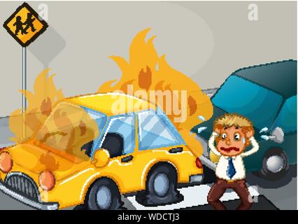 Scena dell'incidente con due vetture sul fuoco illustrazione Illustrazione Vettoriale