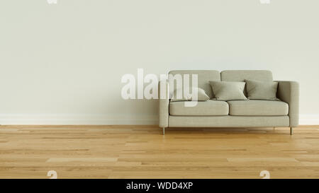 Camera luminosa con pavimento in parquet e divano moderno con rendering 3D Foto Stock