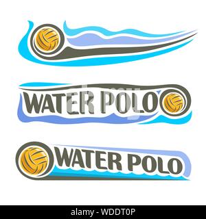 Vettore logo astratto per la pallanuoto, intestazioni blu con sfondo di estate le onde del mare e galleggiante giallo pallanuoto palla. Illustrazione Vettoriale