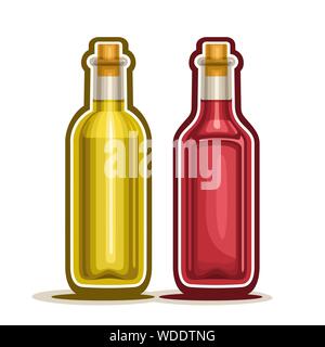 Vettore di rosso e di giallo le bottiglie di vino, contenitore di rose drink alcolici con sughero legno, bottiglia di vetro con frutta aceto di mele e uva bianca succo, iso Illustrazione Vettoriale