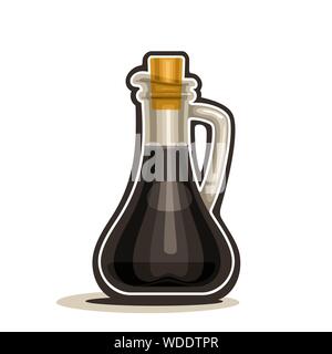 Vettore decanter in vetro con maniglia riempito di salsa di soia, cartoon ampolla con scuri aceto balsamico con sughero tappo di legno isolato su sfondo bianco. Illustrazione Vettoriale