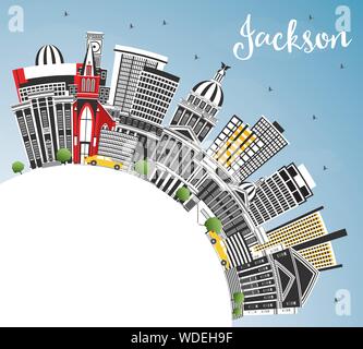 Jackson Mississippi skyline della città con edifici grigi, Blu Cielo e spazio di copia. Illustrazione Vettoriale. Viaggi e Turismo Concept. Illustrazione Vettoriale
