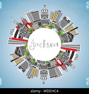 Jackson Mississippi skyline della città con edifici grigi, Blu Cielo e spazio di copia. Illustrazione Vettoriale. Viaggi e Turismo Concept. Illustrazione Vettoriale