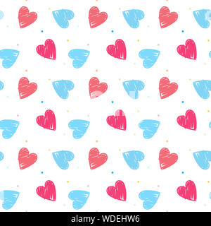 Disegnata a mano di colore rosso viola e cuore rosa seamless pattern su sfondo bianco - Tessuto,sfondo, sfondo, dono orditi ecc. Foto Stock