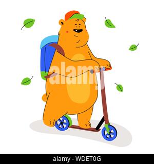 Simpatico orso bruno su uno scooter - piatto stile design illustrazione Illustrazione Vettoriale