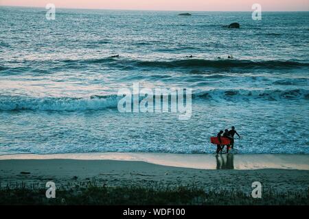 Bellissimo scatto di surfisti che camminano lungo il mare Foto Stock