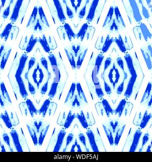 Monocromatico Indigo luminose Tie-Dye Shibori diamanti su sfondo bianco Vector Seamless Pattern. Perfetto per la Primavera-Estate tessili, articoli di cartoleria Illustrazione Vettoriale