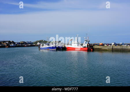 HOWTH, Irlanda - 27 lug 2019- colorate barche a vela e barche di pescatori di Howth, un villaggio di pescatori e il sobborgo di Dublino, la capitale dell'Irlanda. Foto Stock