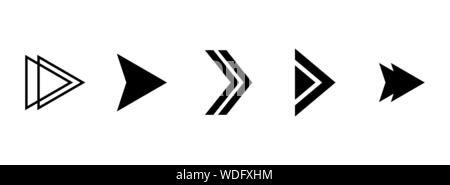 Frecce verso destra. Set di vettore di isolato nero stilizzato icone a forma di freccia. Indicazioni di direzione Illustrazione Vettoriale