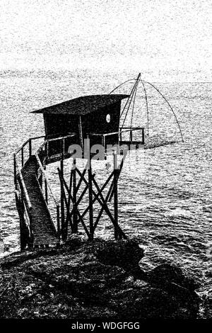 Aprende a pronunciar tipica di pescatori di capanne di Pornic, in bianco e nero. Il francese Brittany Coast Foto Stock