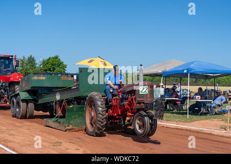 Dundas, Prince Edward Island / Canada - Agosto 25, 2019: i concorrenti con i loro trattori tira una slitta di ponderata nel trattore annuale tirare competito Foto Stock